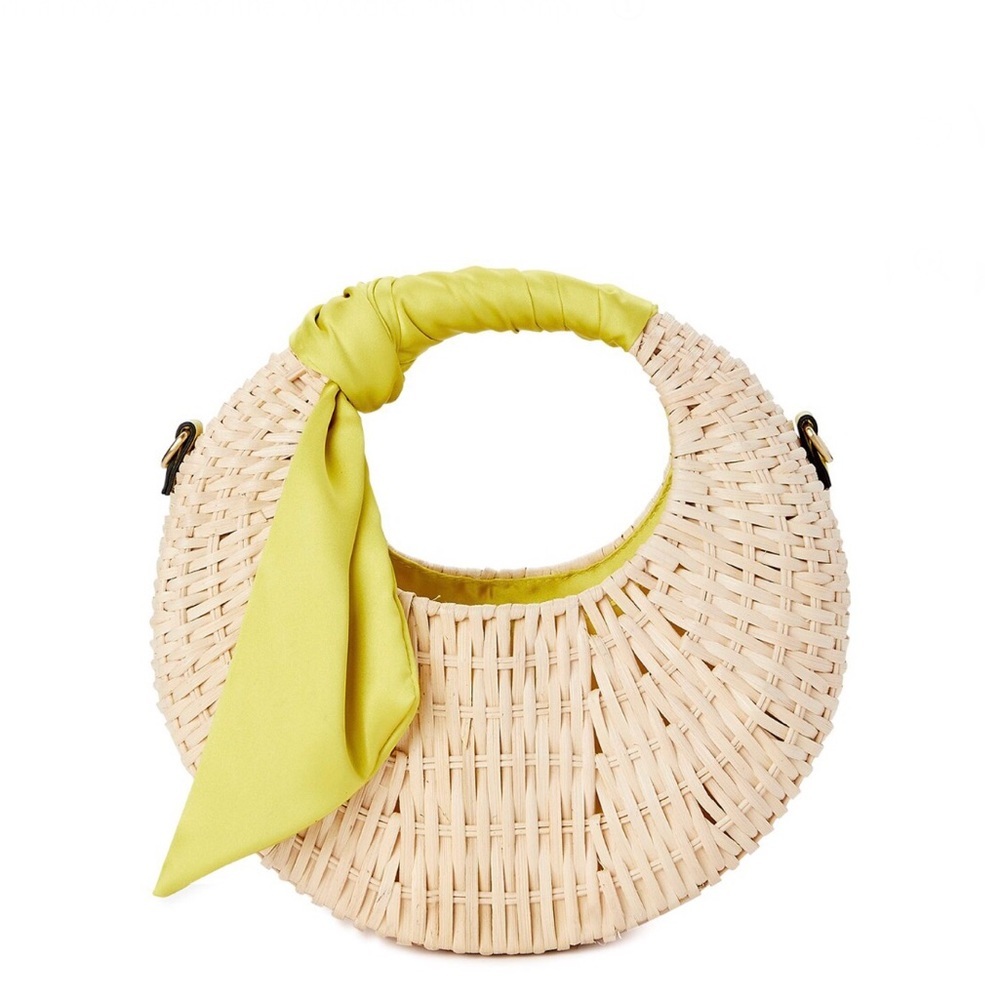 Woven straw Top handle crescent shape crossbody bag silk look citron scarf new - Picture 8 of 13